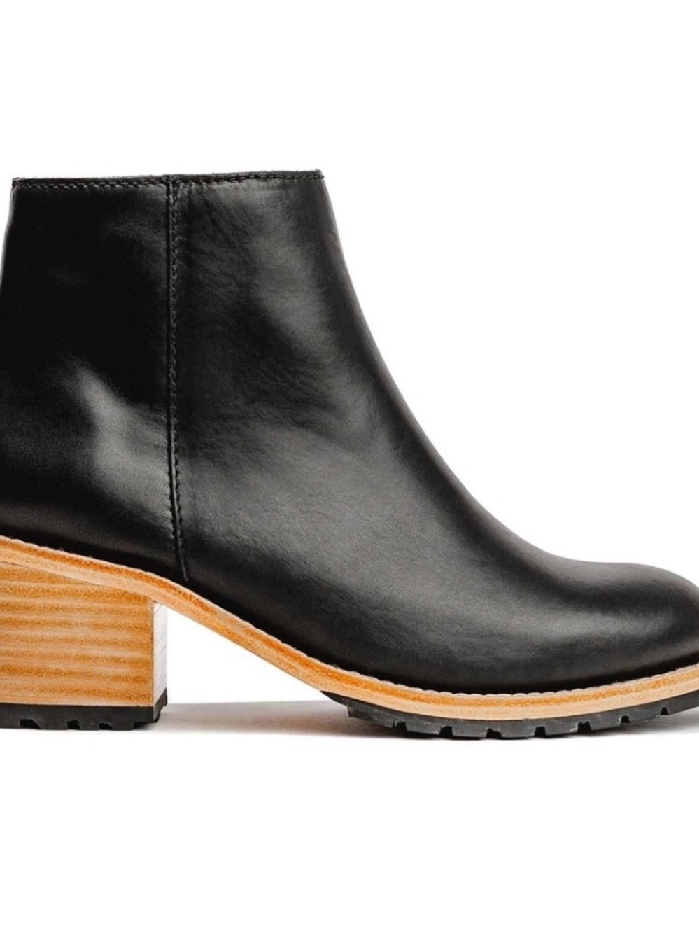 New, Portland Patina, Black Leather Ankle Bootie with Chunky Wood-Look Heel